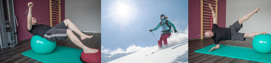 Präventionskurs „Ski-Fitness“ - Stabilisationsübung für ventralen Rumpf mit koordinativer Beanspruchung/Skifahrer am Berg/Präventionskurs „Ski-Fitness“ - Koordinative Stabilisationsübung für seitlichen Rumpf